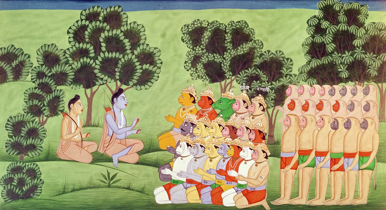 Lakshmana consulta i capi degli eserciti delle scimmie, dal Ramayana da Indian School
