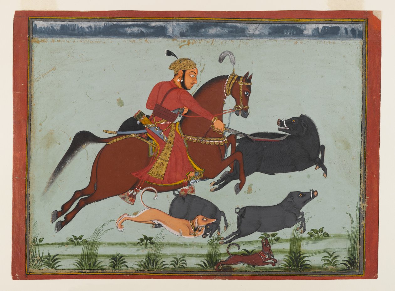 Maharaja Pratap Singh II di Mewar che caccia il cinghiale, circa 1750-75 da Indian School
