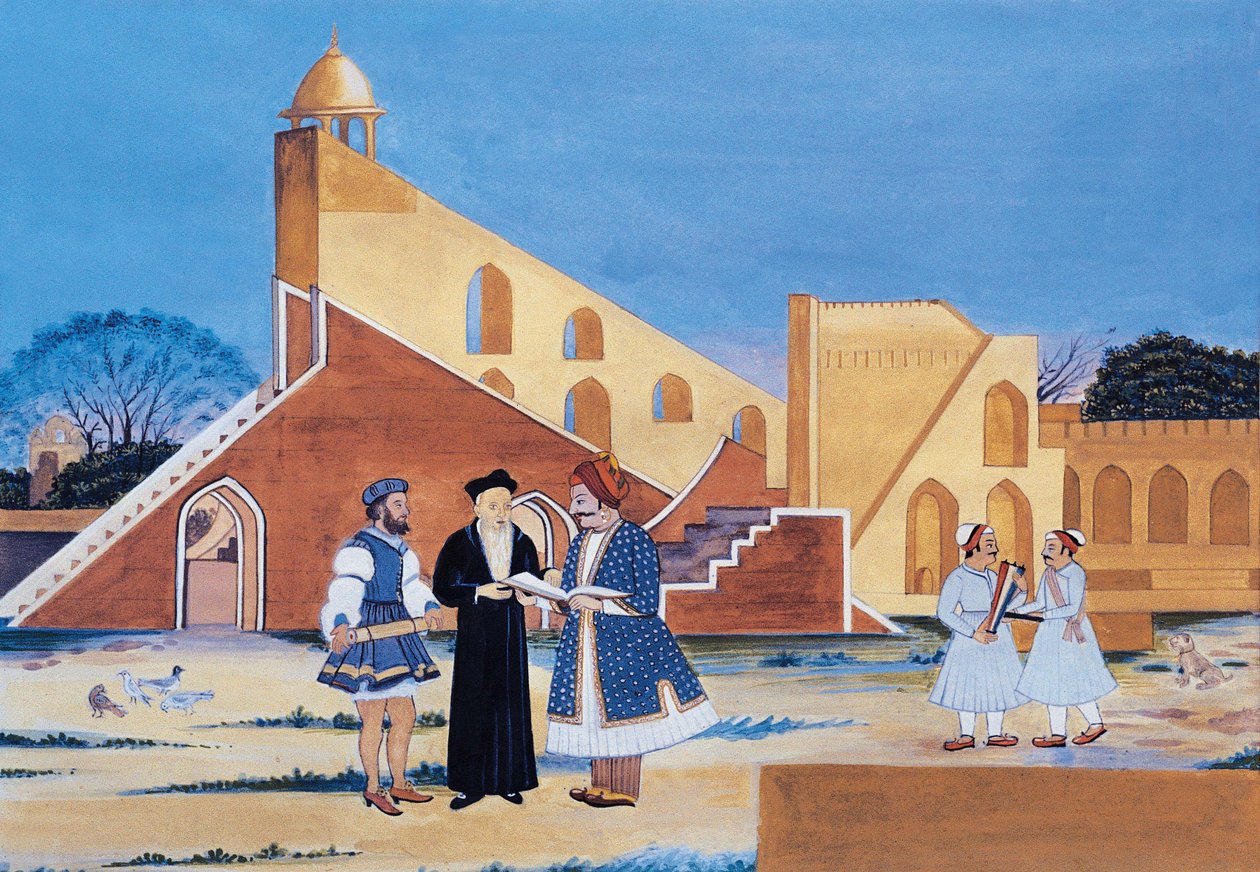 Dipinto del Maharaja Sawai Jai Singh II, Jantar Mantar, Jaipur, Rajasthan, India (acquerello su carta) da Indian School