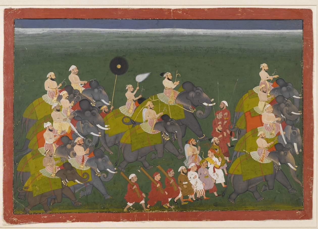 Maharana Sangram Singh di Mewar in una processione di elefanti, Udaipur, Rajasthan, c.1730-40 da Indian School