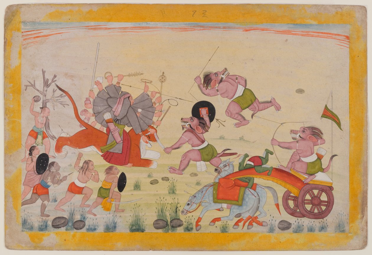 Mahasura attacca la Devi, foglio da una serie Devi Mahatmya dispersa, c.1770-80 da Indian School