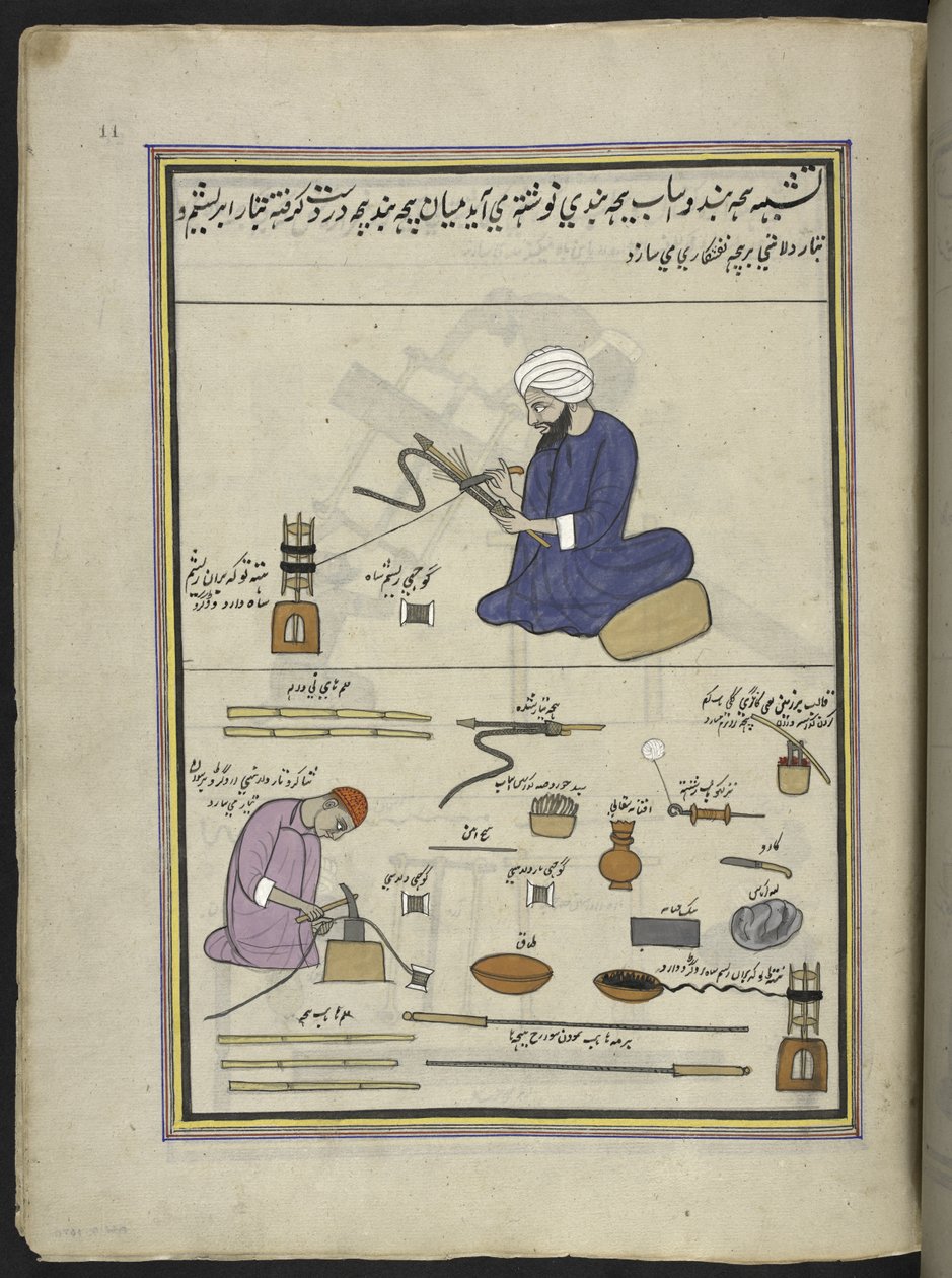 Uomini che coprono serpenti di hookah con filo e filo metallico, 86 disegni rilegati in un volume che raffigurano mestieri e occupazioni in Kashmir, Artigiani al lavoro con i loro strumenti e attrezzature, Di un artista del Kashmir, probabilmente a Srinaga da Indian School