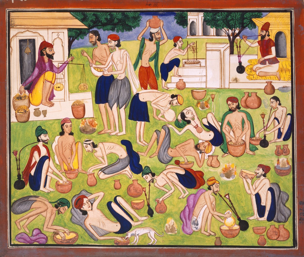 Uomini che fumano oppio, seduti o sdraiati a terra, c.1870 da Indian School