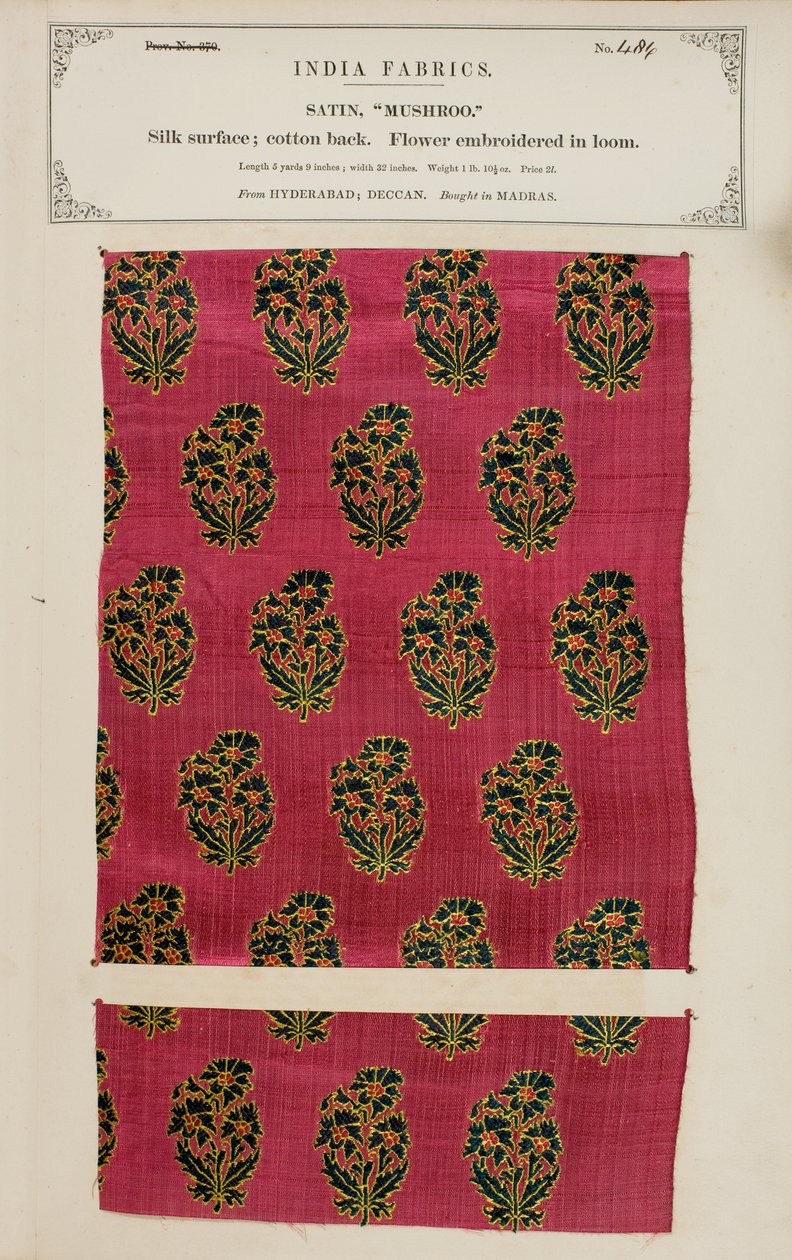 Campione di raso Mushroo da Hyderabad nel Deccan, dalla Collezione dei Produttori di Tessuti dell