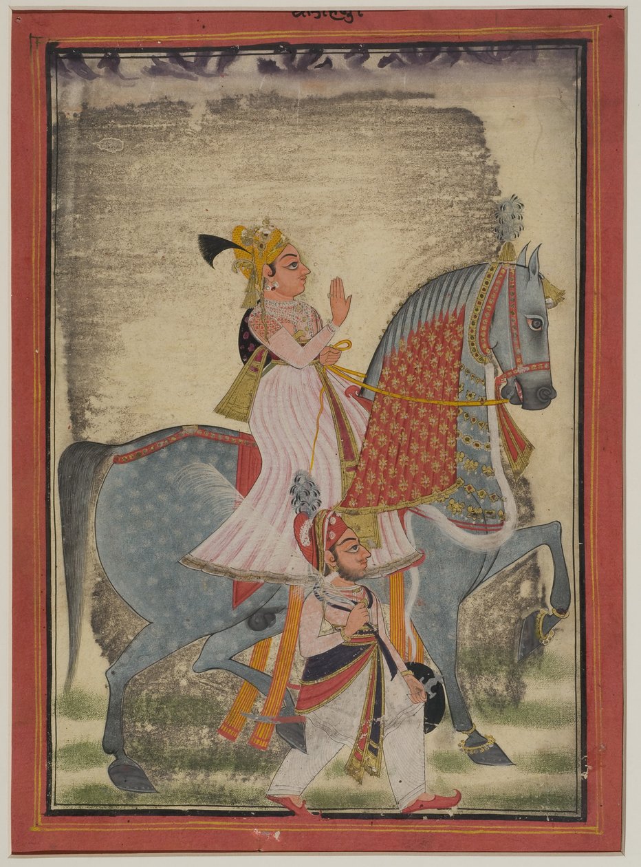 Nobile di Mewar che cavalca Nur accompagnato da un sais a piedi da Indian School