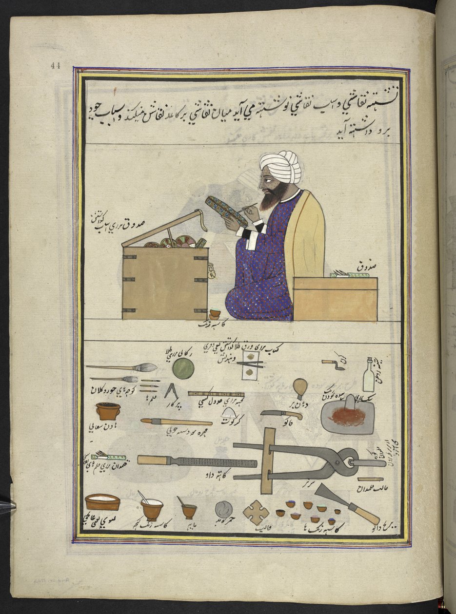 Pittore di papier maché, 86 disegni rilegati in un volume che raffigurano mestieri e occupazioni in Kashmir, Artigiani al lavoro con i loro strumenti e attrezzature, Di un artista del Kashmir, probabilmente a Srinagar, c.1850-60 da Indian School