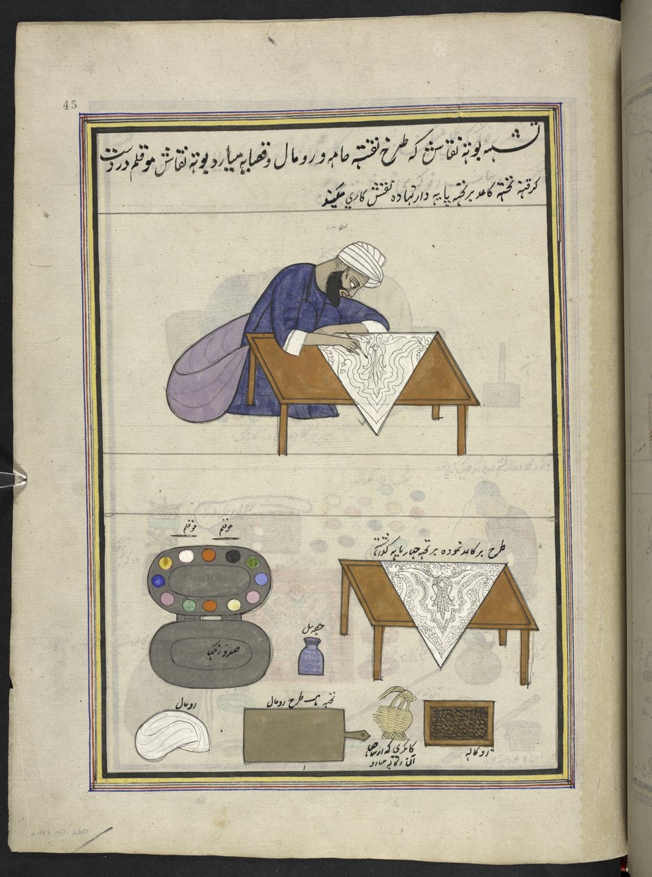 Disegnatore di modelli (naqqash) che prepara un disegno per uno scialle, 86 disegni rilegati in un volume che raffigurano mestieri e occupazioni in Kashmir, Artigiani al lavoro con i loro strumenti e attrezzature, Di un artista del Kashmir, probabilmente a da Indian School