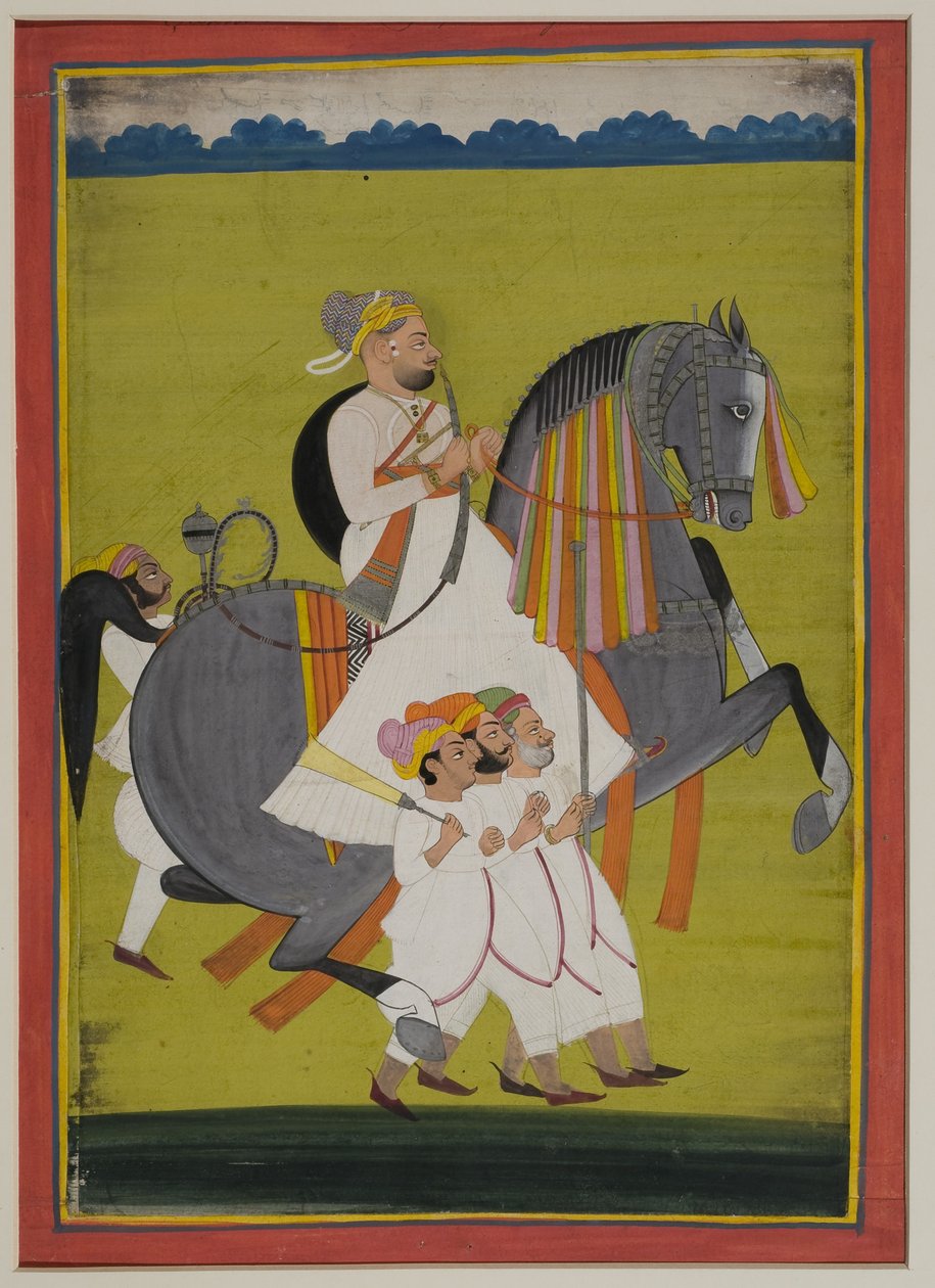Ritratto di Thakur Surtan Singh di Nimbaj, a cavallo con attendenti a piedi da Indian School