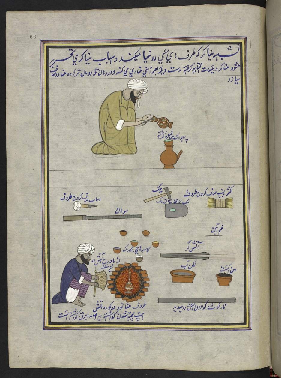 Smaltiatori di pentole, 86 disegni rilegati in un volume che raffigura mestieri e occupazioni in Kashmir, Artigiani mostrati al lavoro con i loro strumenti e attrezzature, di un artista del Kashmir, probabilmente a Srinagar, c.1850-60 da Indian School