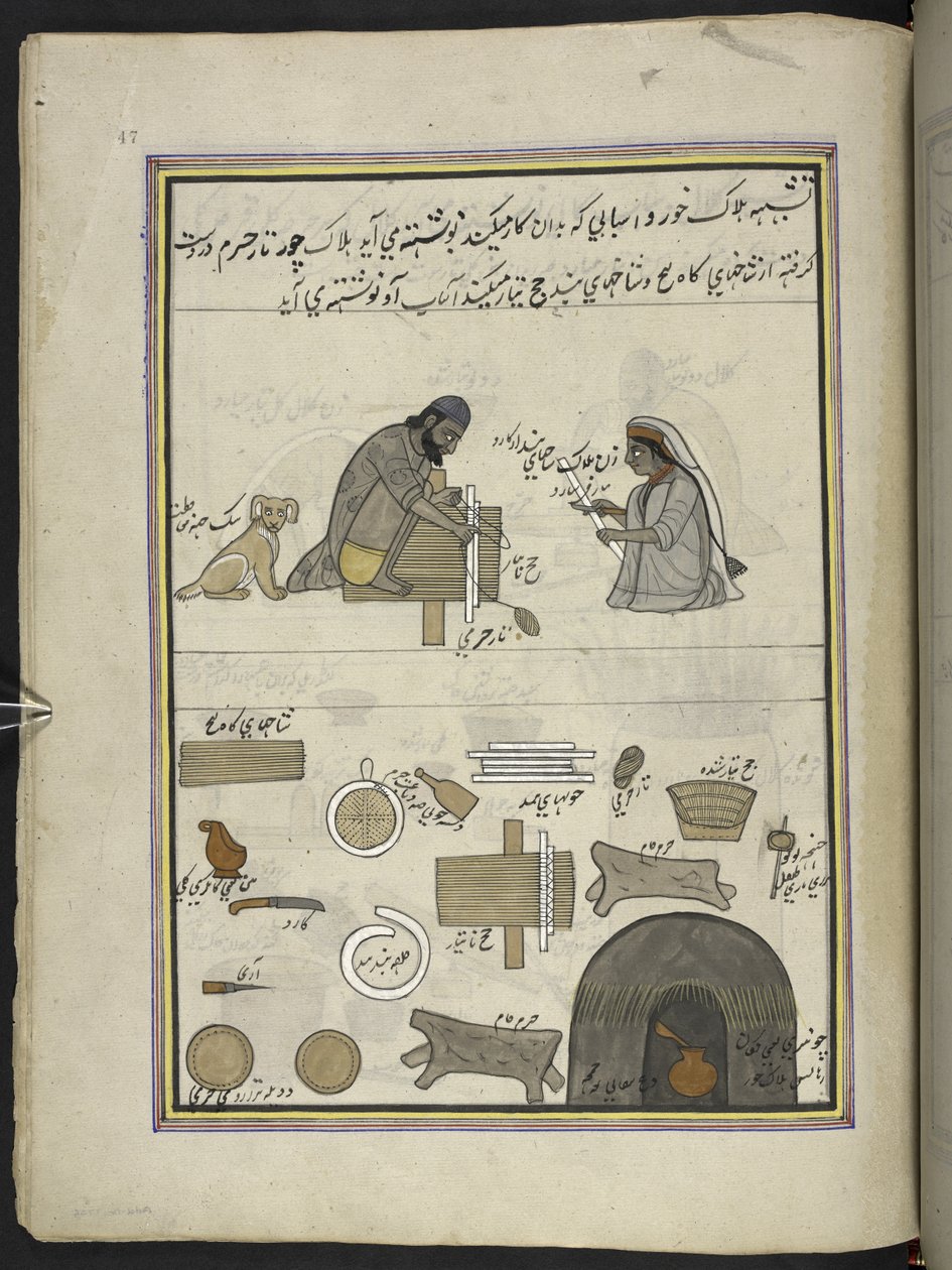 Costruttori di ventagli, 86 disegni rilegati in un volume che raffigura mestieri e occupazioni in Kashmir, artigiani al lavoro con i loro strumenti e attrezzature, da un artista del Kashmir, probabilmente a Srinagar, c.1850-60 da Indian School