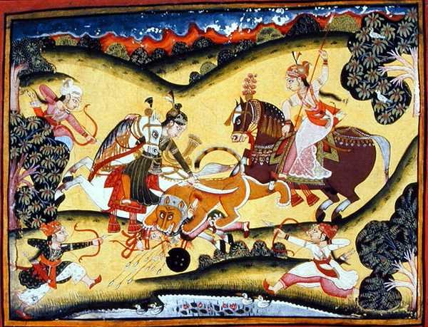 Principesse Rajput che uccidono un leone, Scuola di Bundi, c.1810-20 da Indian School