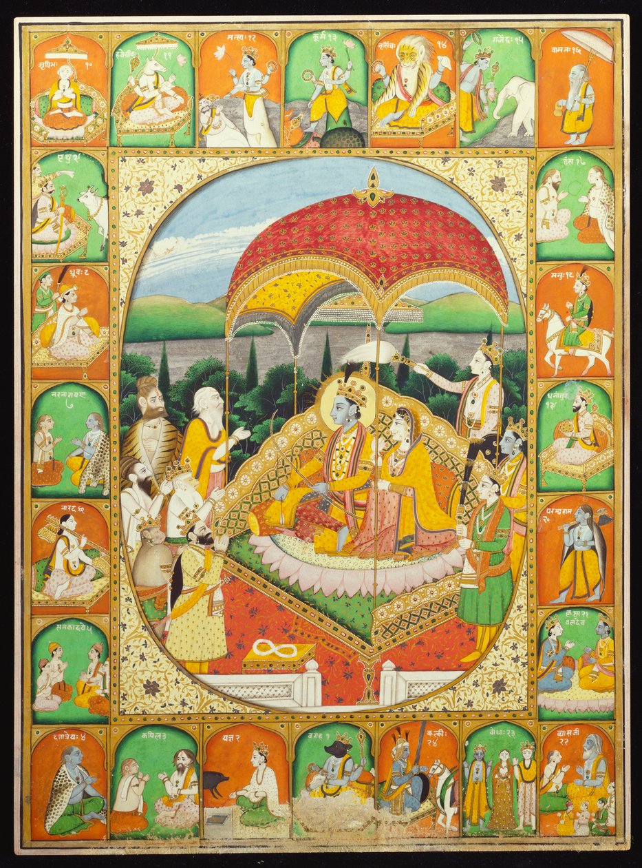 Rama e Sita in trono, adorati da Shiva, Hanuman e altri, 1800-20 da Indian School