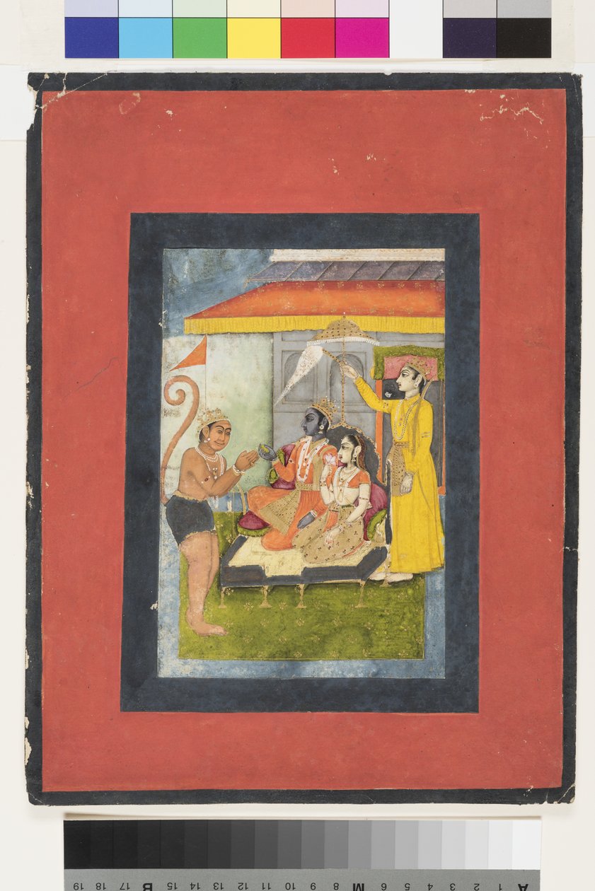 Rama e Sita in trono, adorati da Hanuman; Lakshmana tiene un morchal da Indian School