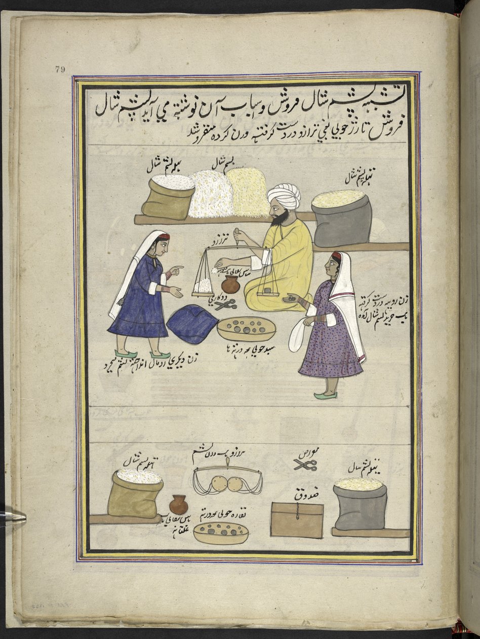 Distribuzione della lana grezza per scialli alle donne per la filatura, 86 disegni rilegati in un volume che raffigura mestieri e occupazioni in Kashmir, artigiani al lavoro con i loro strumenti e attrezzature, da un artista del Kashmir, probabilmente a Sr da Indian School