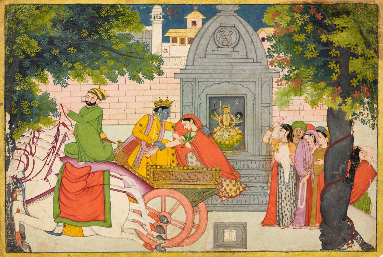 Rukmini fugge con Krishna, foglio da un Bhagavata Purana da Indian School