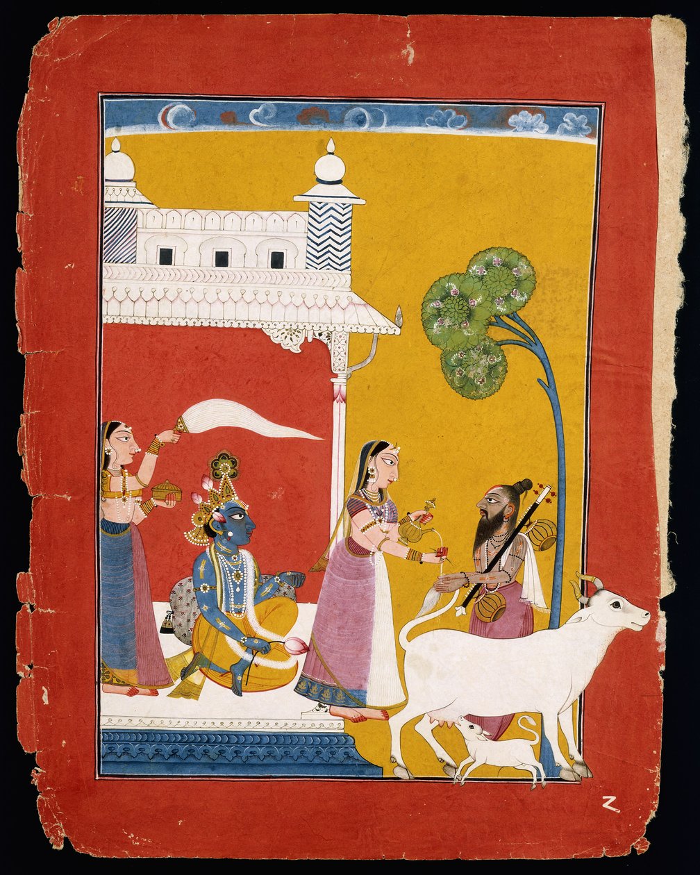 Rukmini offre acqua al saggio Narada mentre il suo consorte Krishna siede nella sua casa da Indian School