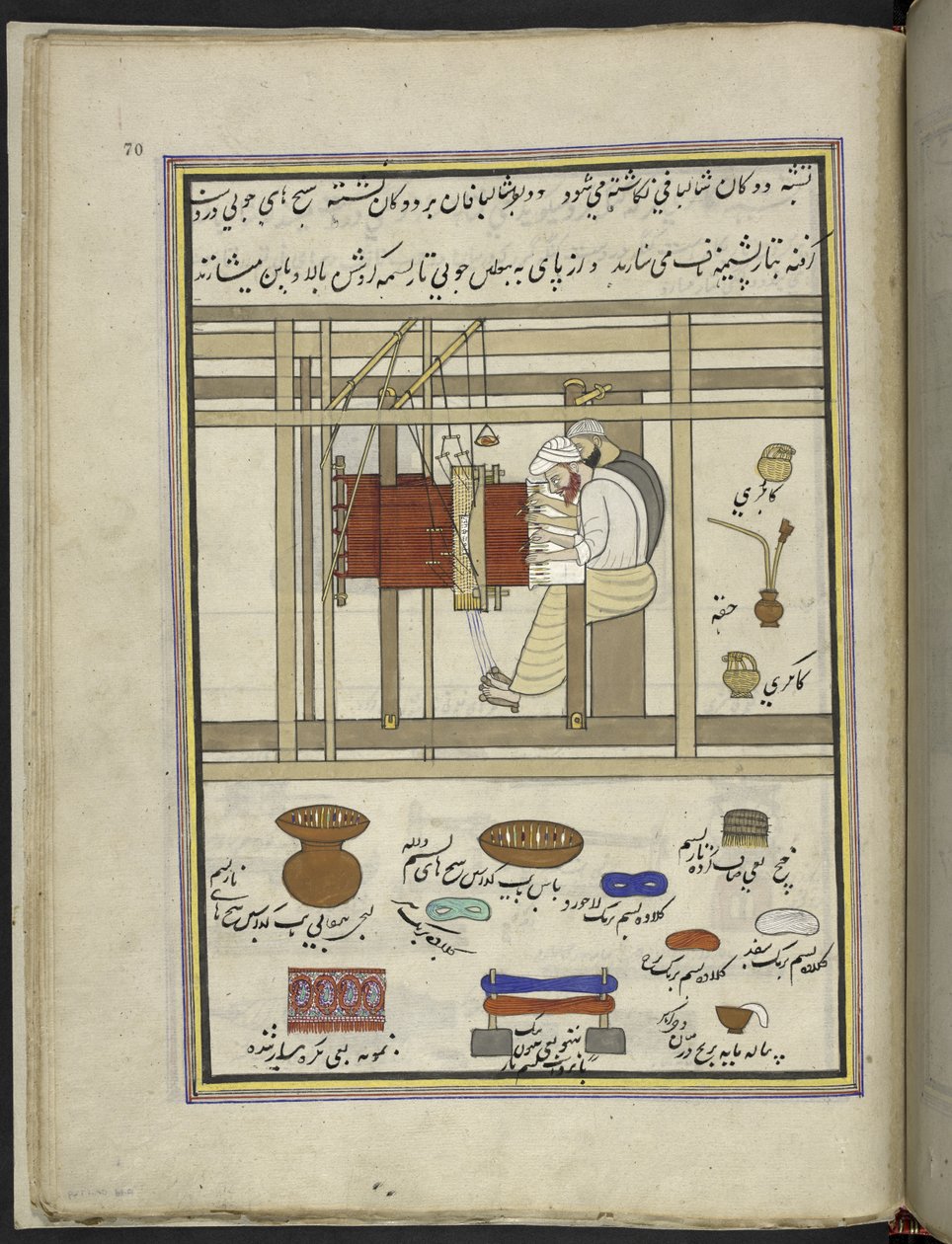 Tessitori di scialli che tessono scialli su un telaio, 86 disegni rilegati in un volume che raffigura mestieri e occupazioni in Kashmir, artigiani al lavoro con i loro strumenti e attrezzature, da un artista del Kashmir, probabilmente a Srinagar, c.1850-60 da Indian School