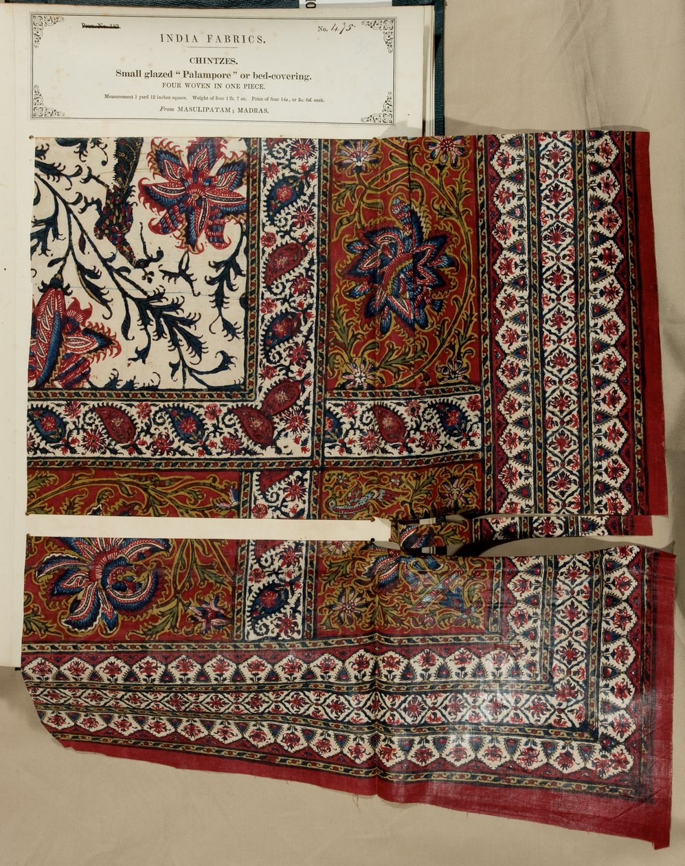 Piccolo campione di palampore lucido o copriletto da Masulipatam in Madras, da The Collection of the Textile Manufacturers of India, di John Forbes Watson, pubblicato nel 1866 da Indian School