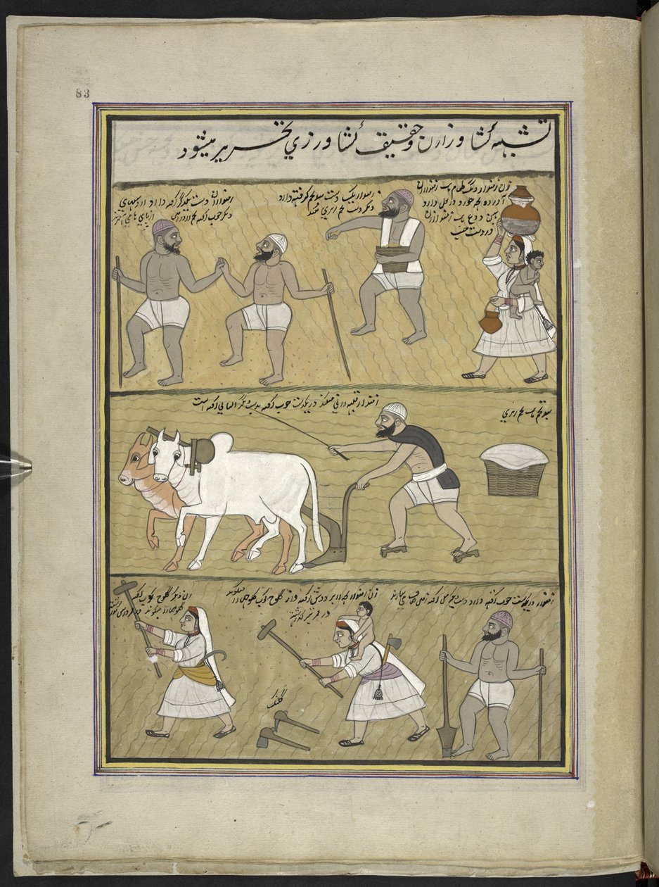 Semina del riso; aratura; rottura delle zolle, 86 disegni rilegati in un volume che raffigura mestieri e occupazioni in Kashmir, artigiani al lavoro con i loro strumenti e attrezzature, da un artista del Kashmir, probabilmente a Srinagar, c.1850-60 da Indian School