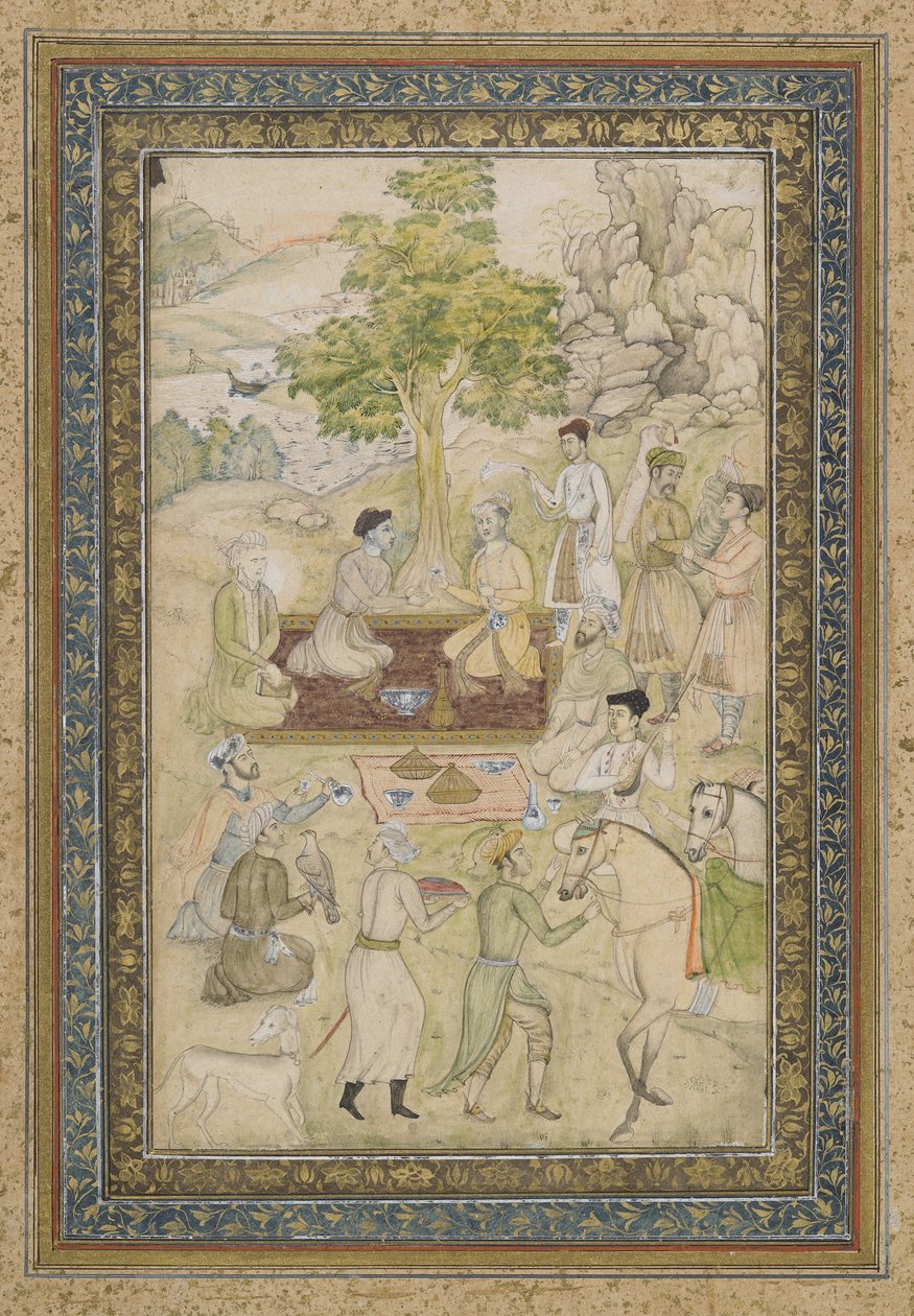 Sultano Murad e Sultano Daniyal a un picnic, foglio di album staccato con dipinto da Indian School