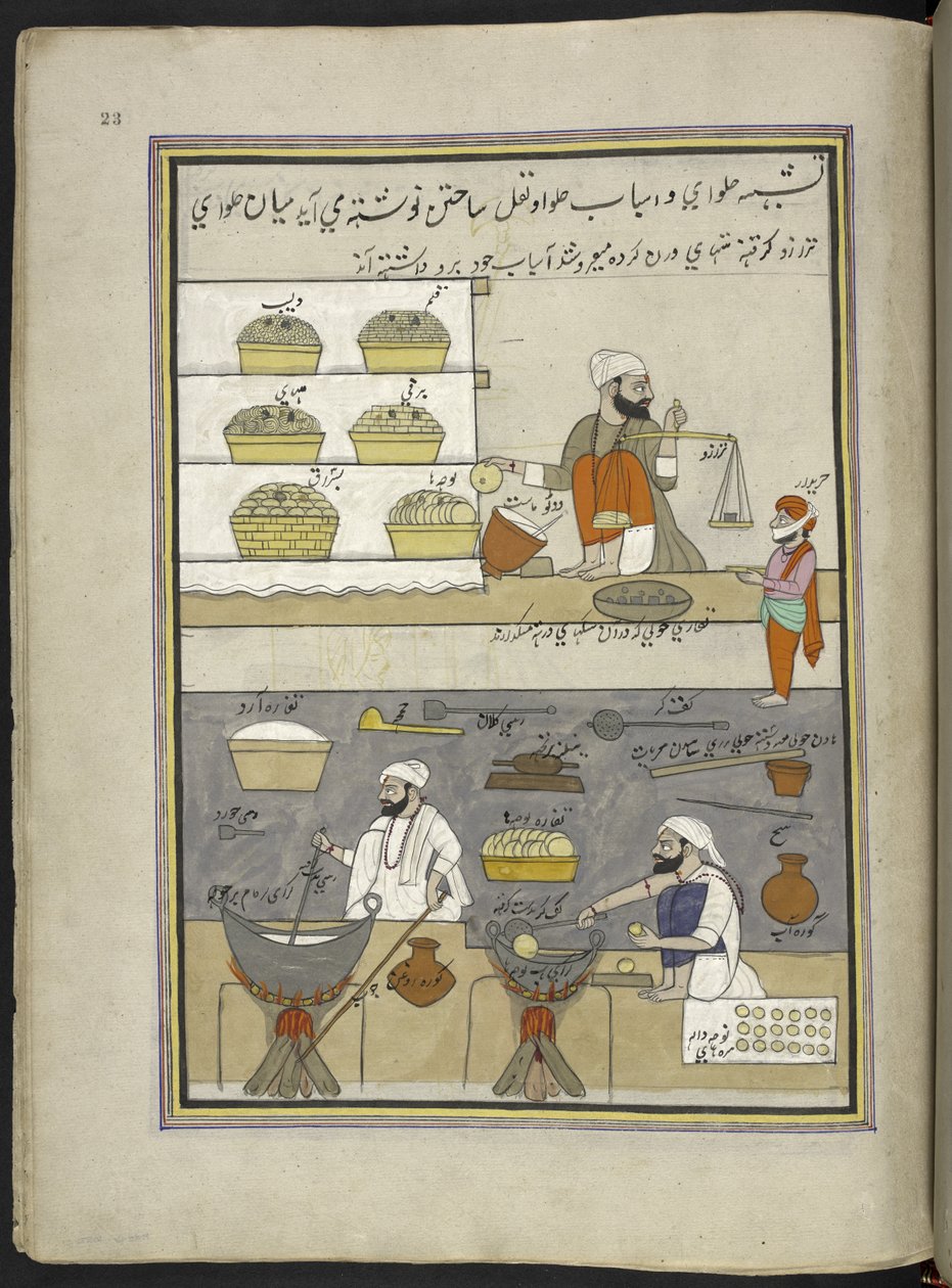 Produttori di dolci, 86 disegni rilegati in un volume che raffigura mestieri e occupazioni in Kashmir, Artigiani al lavoro con i loro strumenti e attrezzature, Di un artista del Kashmir, probabilmente a Srinagar, c.1850-60 da Indian School
