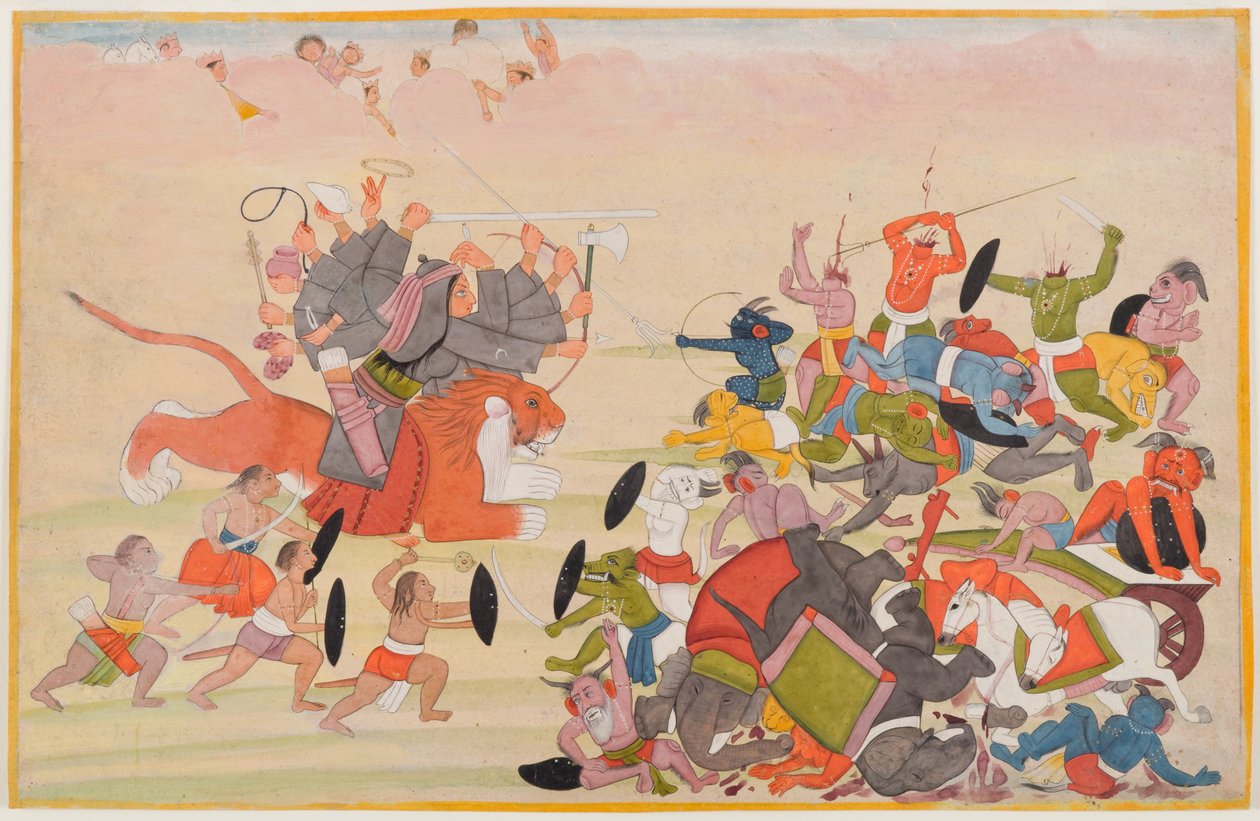 La Devi sconfigge Mahishasura, foglio da una serie Devi Mahatmya dispersa, c.1770-80 da Indian School