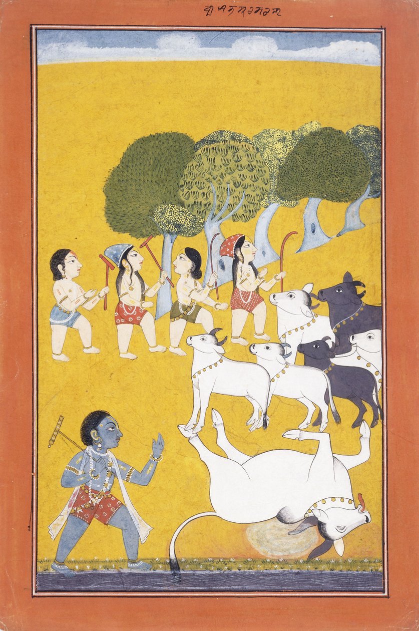 Il giovane Krishna uccide il demone Vatsasura, che venne sotto forma di vitello, c.1730-1740 da Indian School