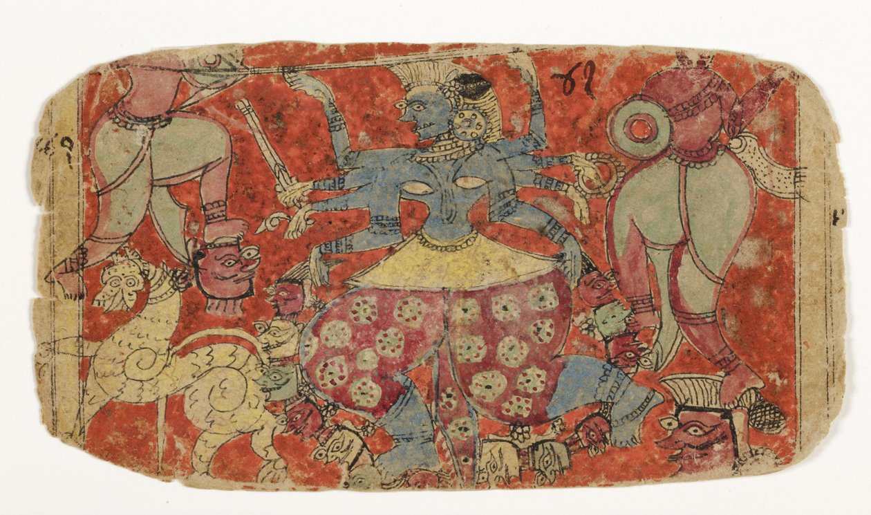 La dea Kali combatte i demoni, da Durga che attacca i demoni Shambha e Nishumbha da Indian School