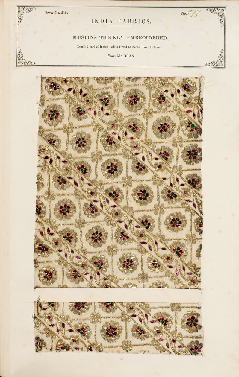 Campione di mussola ricamata densamente da Madras, da The Collection of the Textile Manufacturers of India, di John Forbes Watson, pubblicato nel 1866 da Indian School