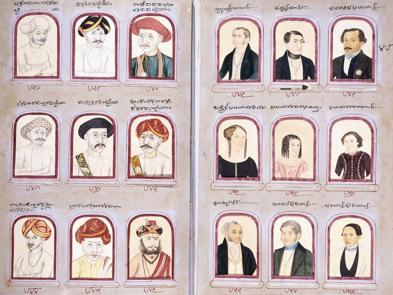 Due fogli da un album di ritratti nativi ed europei, c.1830-1850 da Indian School