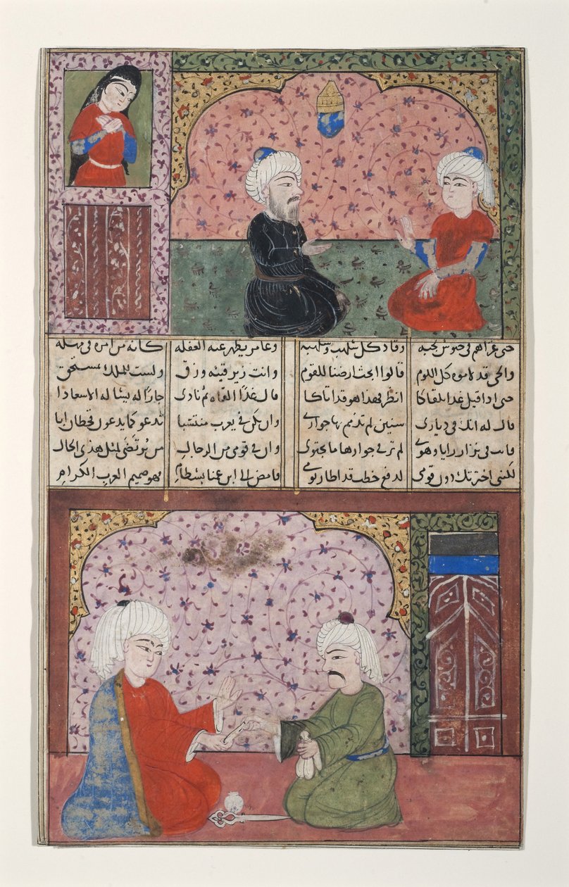 Due uomini in una stanza con pareti decorate da Indian School