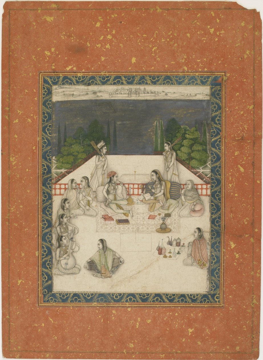 Due donne sedute su una terrazza, circondate da attendenti e musicisti, c.1650 da Indian School