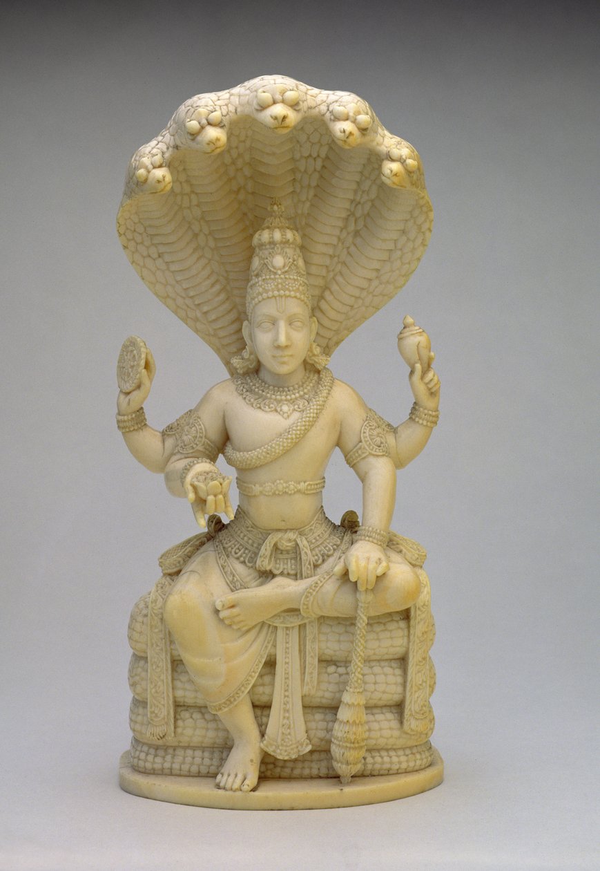 Vishnu seduto sul serpente Sesha, con conchiglia, mazza, disco e loto da Indian School