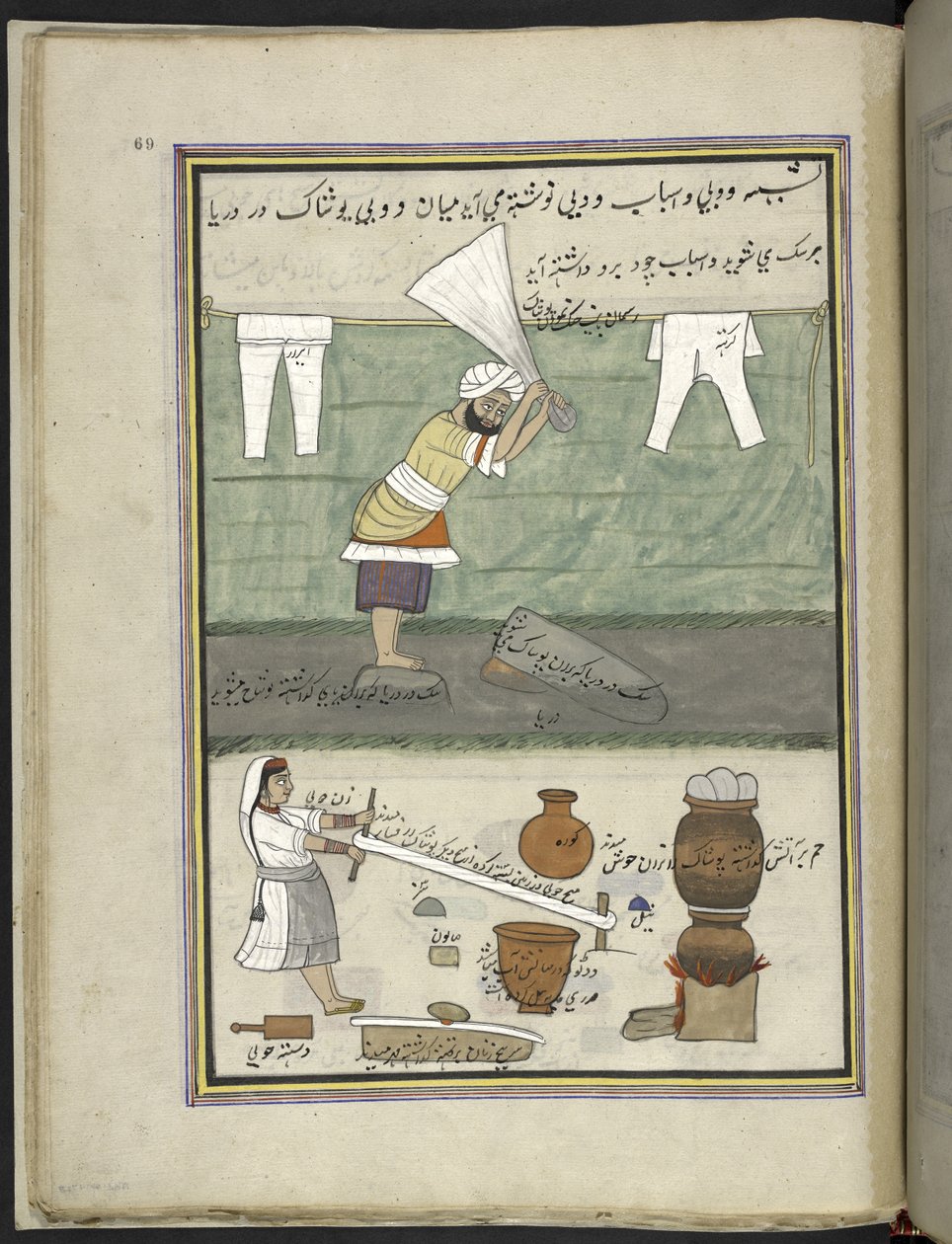 Lavandaio e lavandaia, 86 disegni rilegati in un volume che raffigura mestieri e occupazioni in Kashmir, Artigiani al lavoro con i loro strumenti e attrezzature, da un artista del Kashmir, probabilmente a Srinagar, c.1850-60 da Indian School