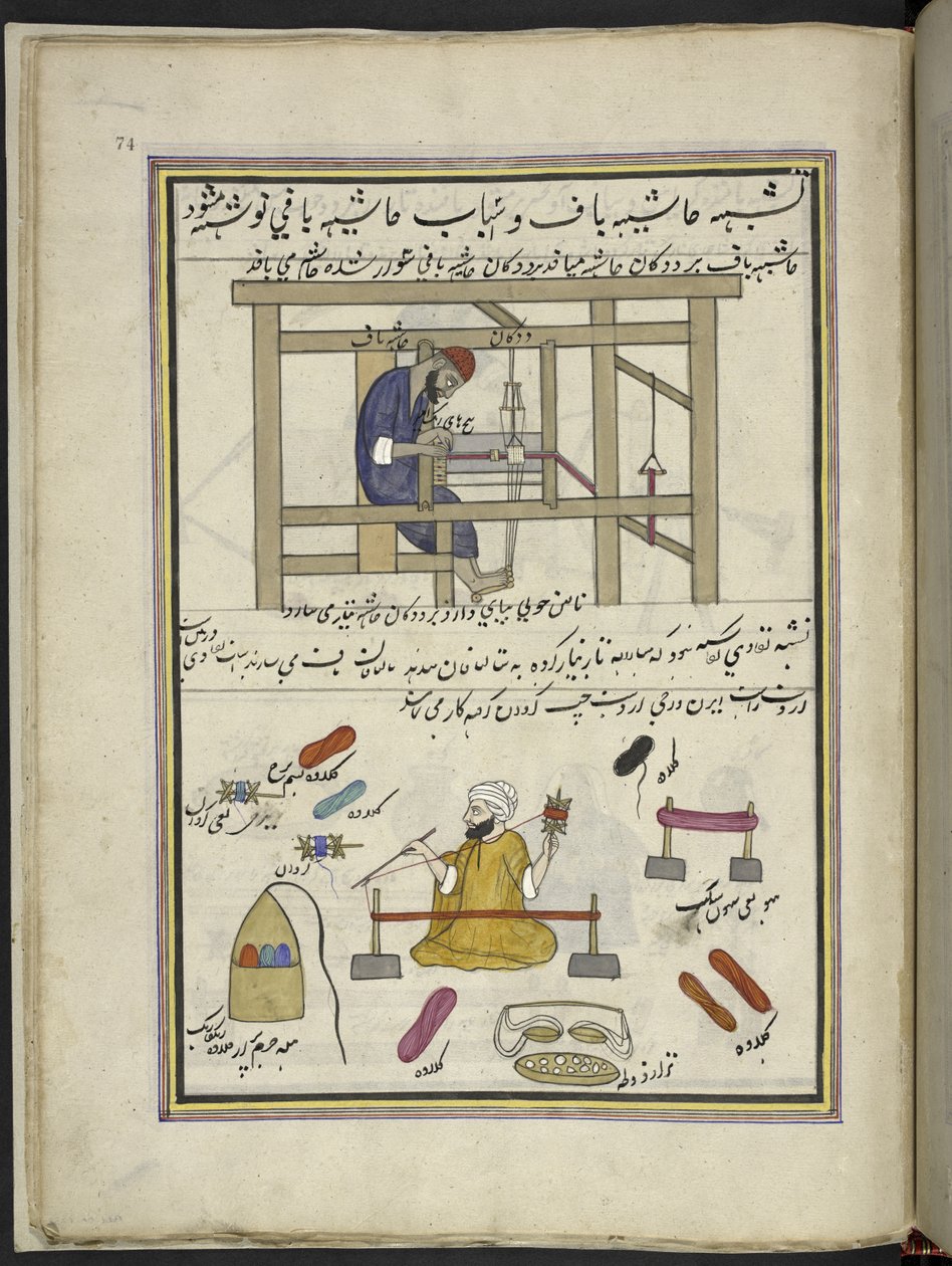 Tessitore che fa un bordo; uomo che avvolge lane colorate, 86 disegni rilegati in un volume che raffigurano mestieri e occupazioni in Kashmir, Artigiani al lavoro con i loro strumenti e attrezzature, Di un artista del Kashmir, probabilmente a Srinagar, c.1 da Indian School
