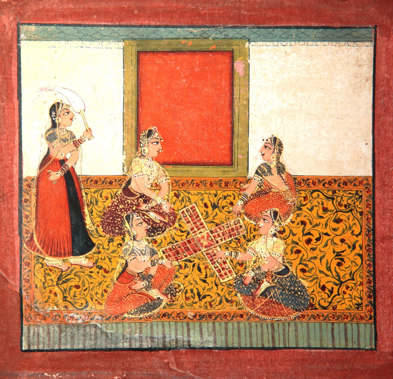 Donne che giocano a Parcheesi, sedute su un pavimento giallo decorato da Indian School