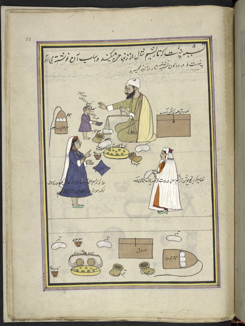 Donne che restituiscono la lana filata, 86 disegni rilegati in un volume che raffigura mestieri e occupazioni in Kashmir, Artigiani mostrati al lavoro con i loro strumenti e attrezzature, di un artista del Kashmir, probabilmente a Srinagar, c.1850-60 da Indian School