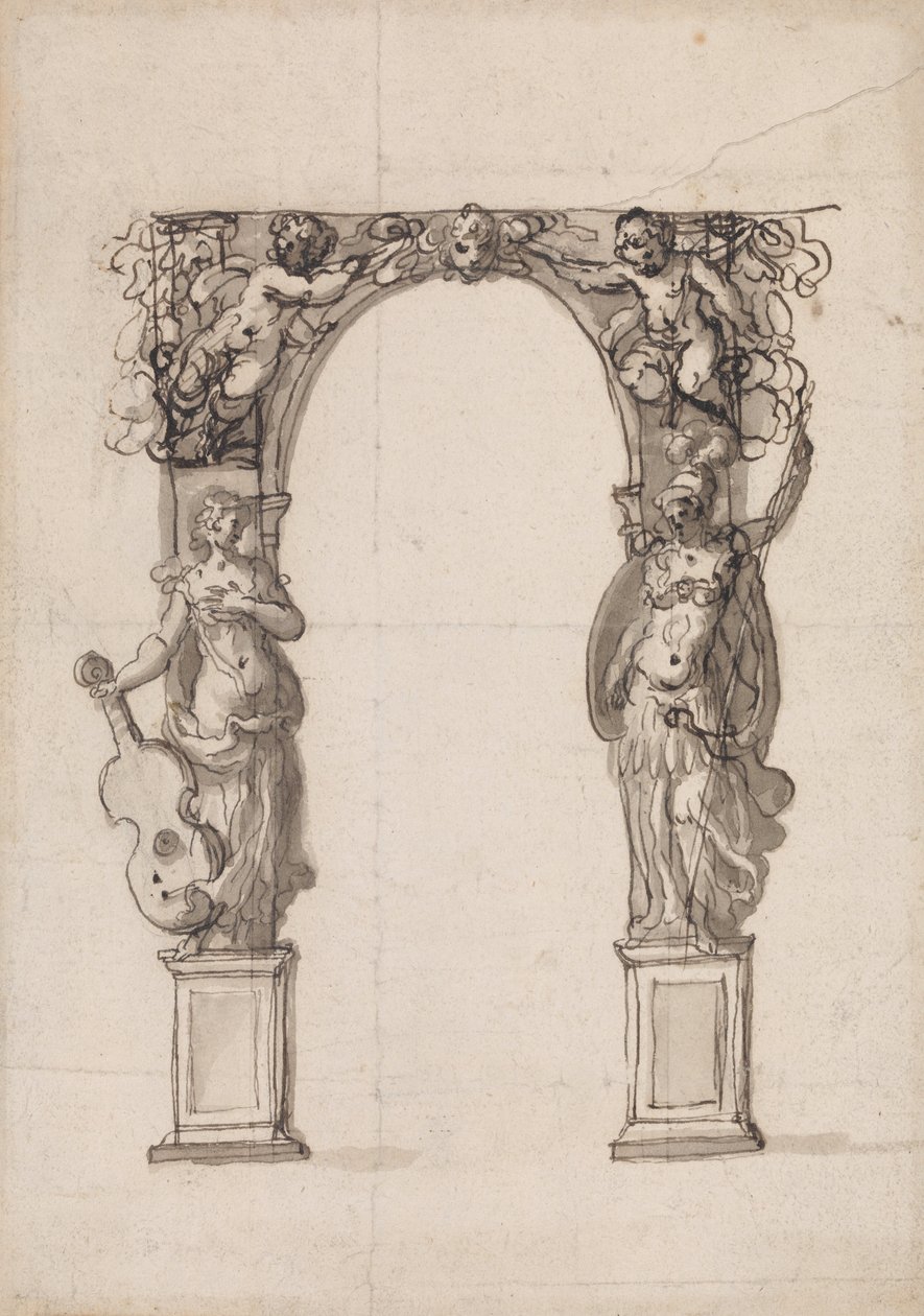Progetto per un Arco Temporaneo Ornato con Putti e Figure Allegoriche di Musica e Guerra da Inigo Jones