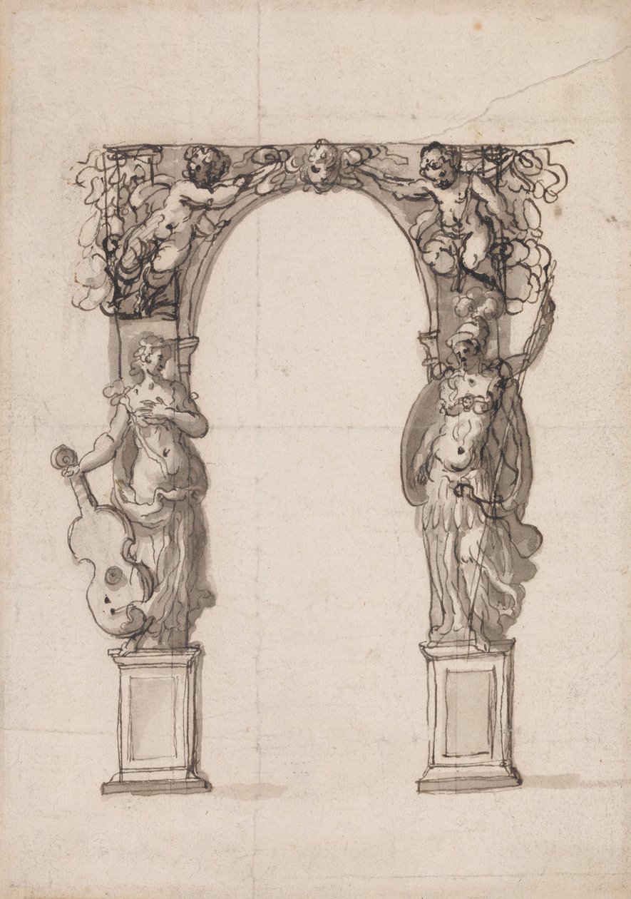 Progetto per un arco temporaneo ornato con putti e figure allegoriche di musica e guerra da Inigo Jones