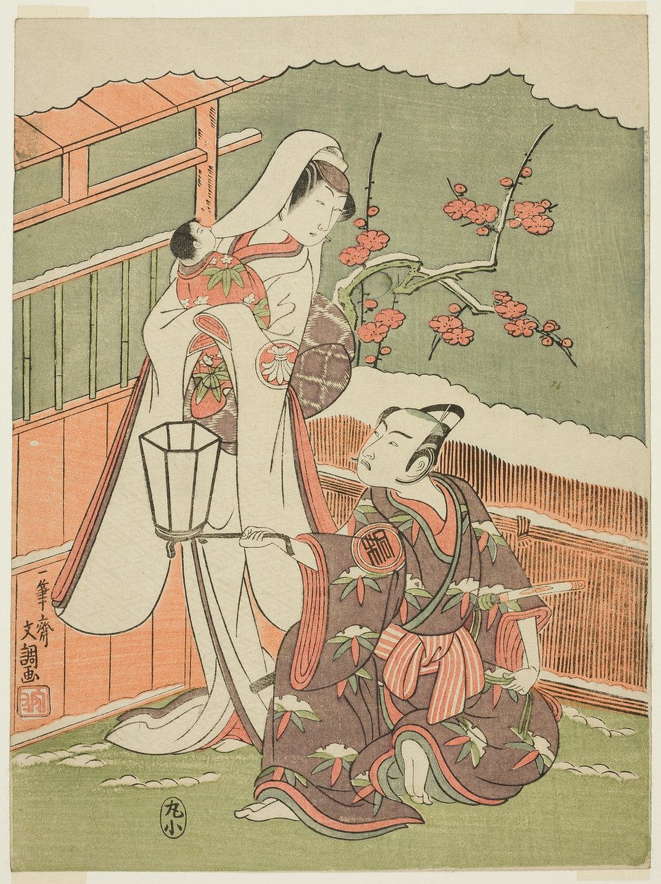 Attori Arashi Sangorô II come Minamoto no Yoritomo e Segawa Kikunojô II come la Donna della Neve in “Cotone di Izu che protegge i crisantemi matrimoniali” (“Myôto-giku Izu no Kisewata”) da Ippitsusai Bunchō