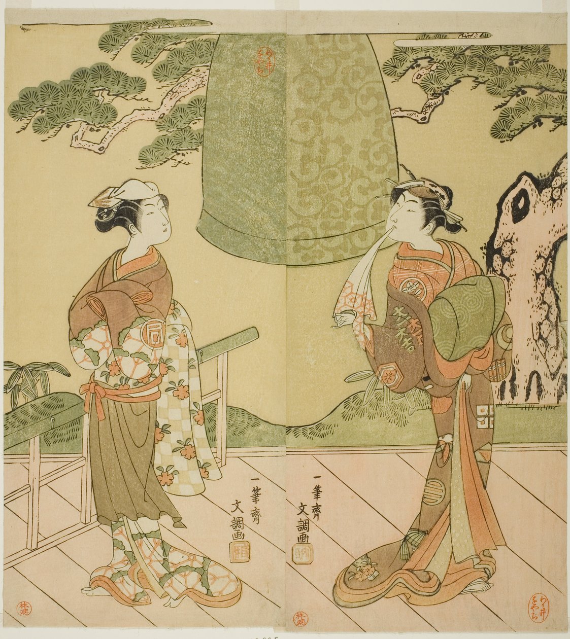Gli attori Ichimura Uzaemon IX come Shume no Hangan Morihisa (a destra), e Sanogawa Ichimatsu II come Chujo (a sinistra), nella commedia Edo no Hana Wakayagi Soga, rappresentata al Teatro Ichimura nel secondo mese del 1769 da Ippitsusai Bunchō