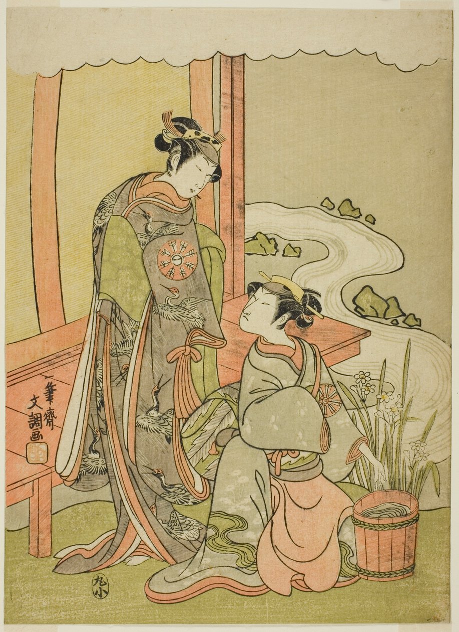 Gli attori Nakamura Tomijuro I come Enju travestito da Shirbyoshi Gio (a destra), e Nakamura Noshio I come Goo travestito da Hotoke Gozen (a sinistra), nella commedia Miyako-zome Gio Katsugi, rappresentata al Teatro Morita nell