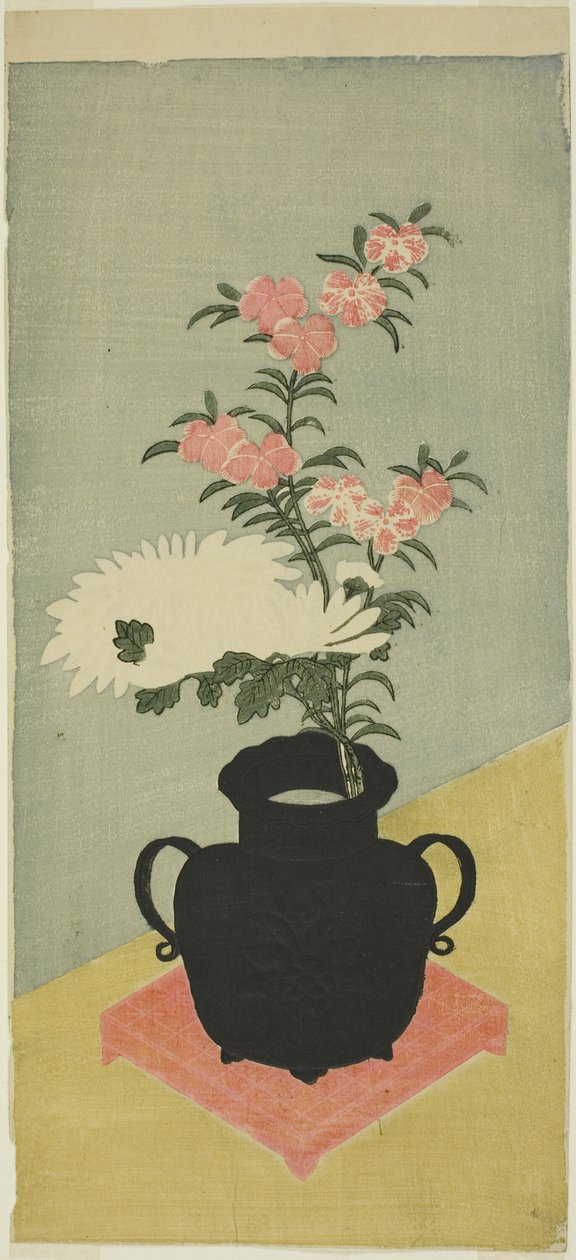 Crisantemi Bianchi e Garofani in un Vaso Nero da Ippitsusai Bunchō