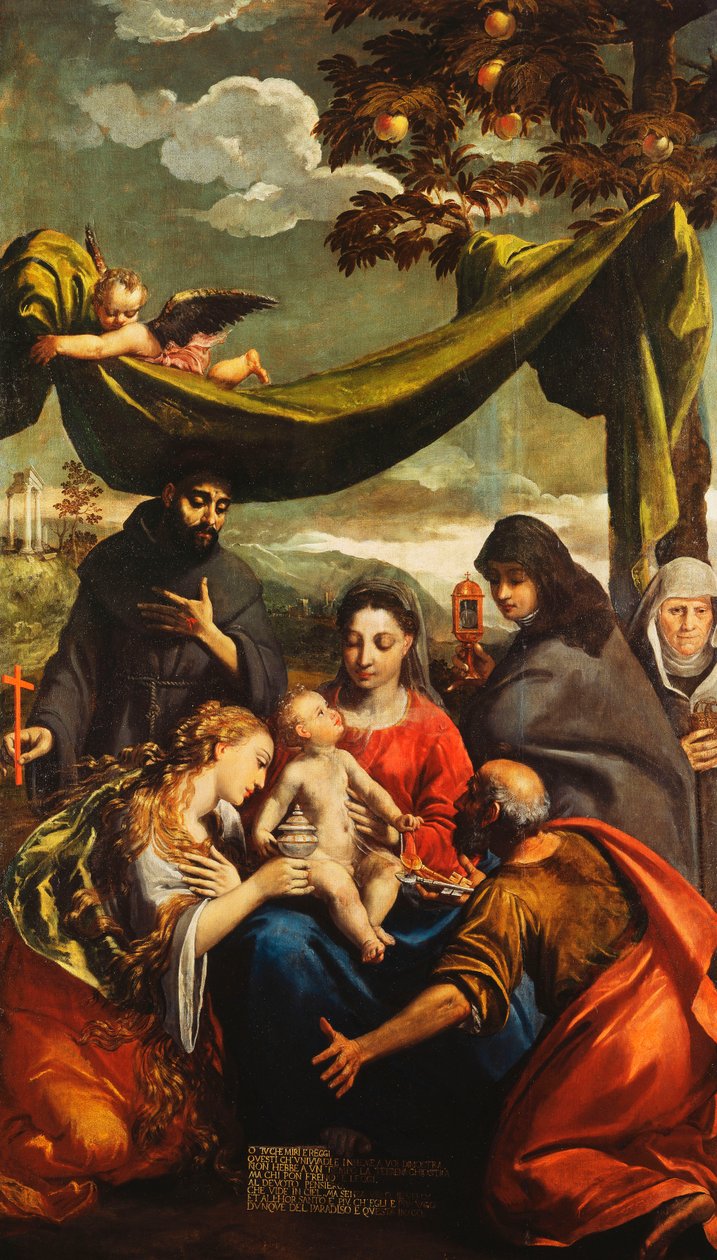 La Madonna e il Bambino con i Santi Maria Maddalena, Pietro, Chiara e Francesco e un ritratto della Badessa da Ippolito Scarsella