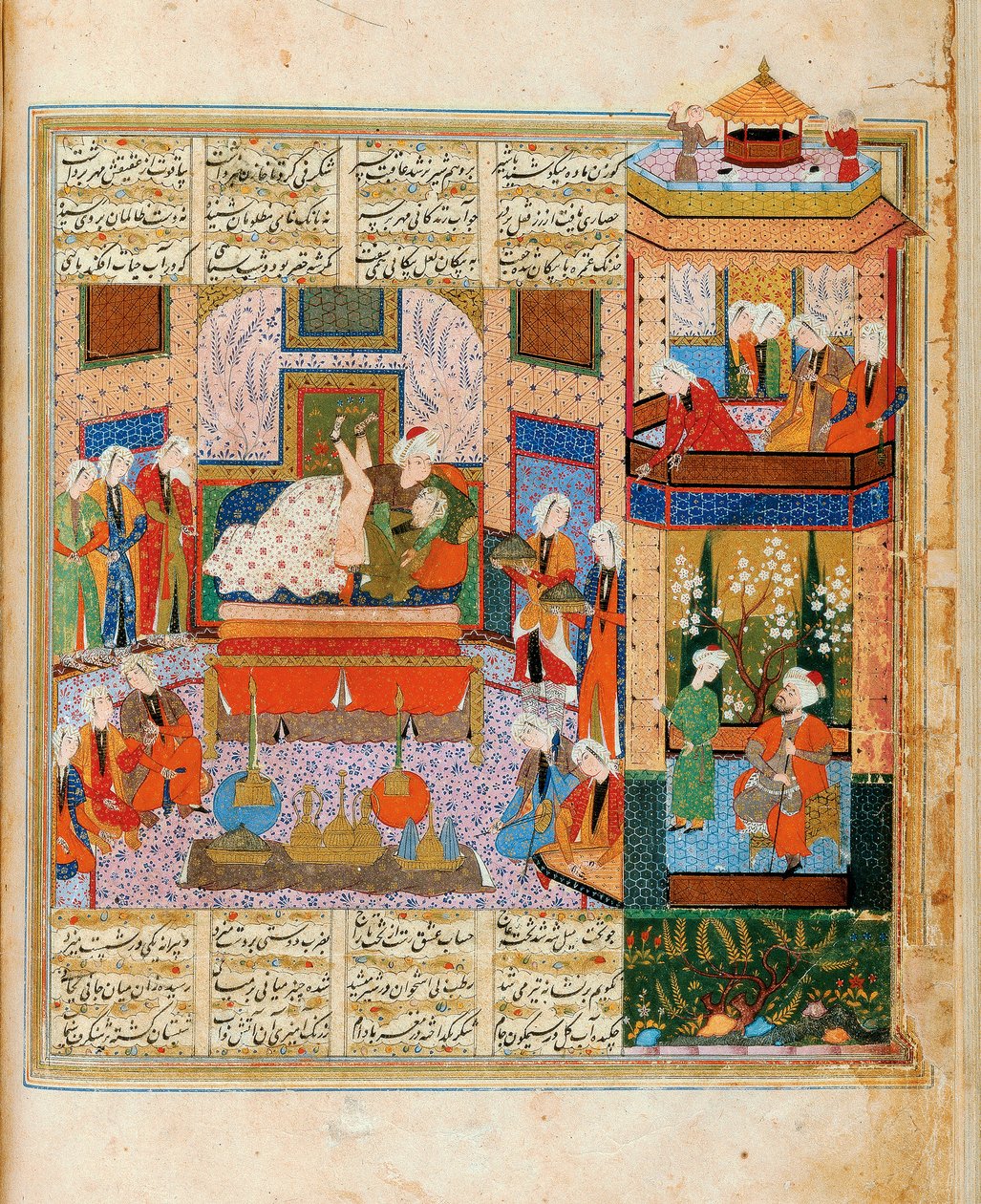 Il compimento del matrimonio tra Khusraw e Shirin, miniatura dal ciclo di otto poeti da Iranian Master