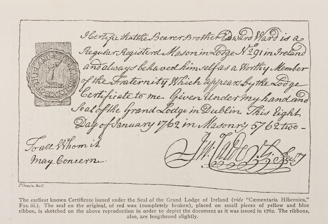 Facsimile del più antico certificato conosciuto emesso sotto il sigillo della Gran Loggia d