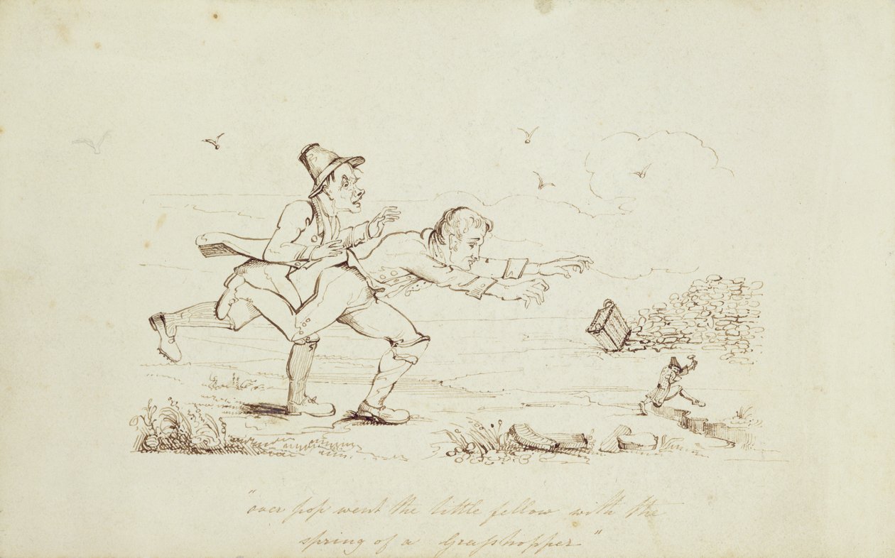 Pop saltò il piccolo con la molla di una cavalletta, illustrazione di un libro che mostra due irlandesi che inseguono un leprechaun, XIX secolo da Irish School