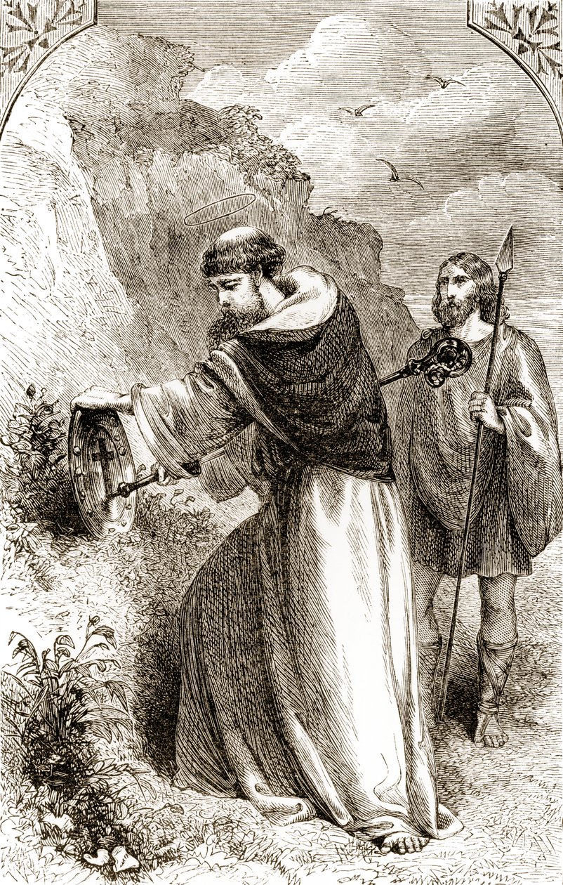 San Patrizio segna lo scudo di Connal con la Croce, da The Trias Thaumaturga, o Tre santi miracolosi d