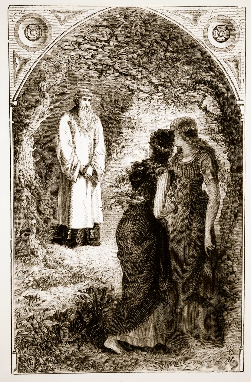 San Patrizio incontrato da vergini nel bosco di Fochlut, da The Trias Thaumaturga, o Tre Santi Miracolosi d