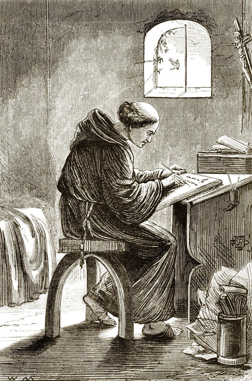 San Vincenzo che scrive nella sua cella a Ferins, da The Trias Thaumaturga, o Tre santi miracolosi d